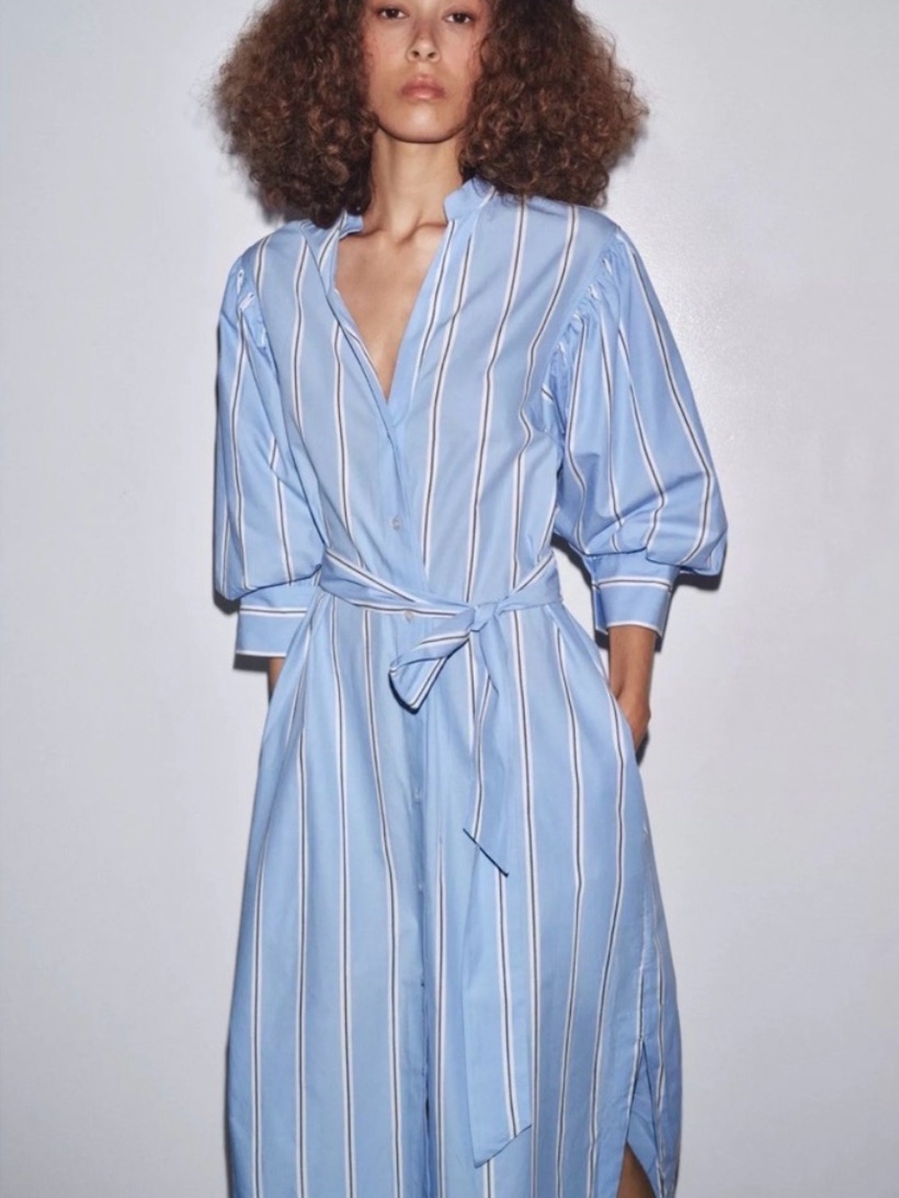 Zara Light Blue and White/charcoal Vertical Stripe Dress